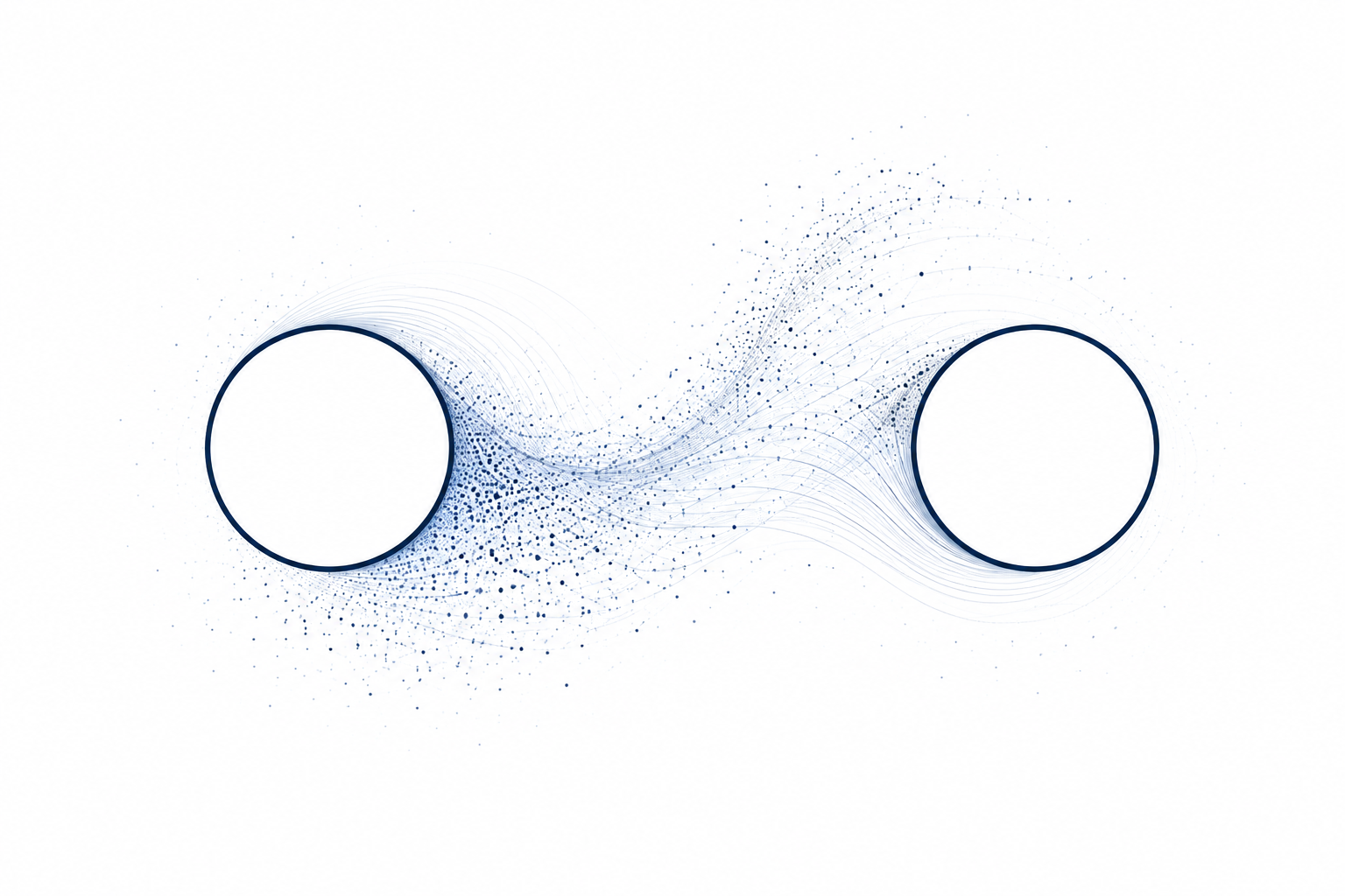 Two distinct circles connected by a flowing field of fine lines and particles.